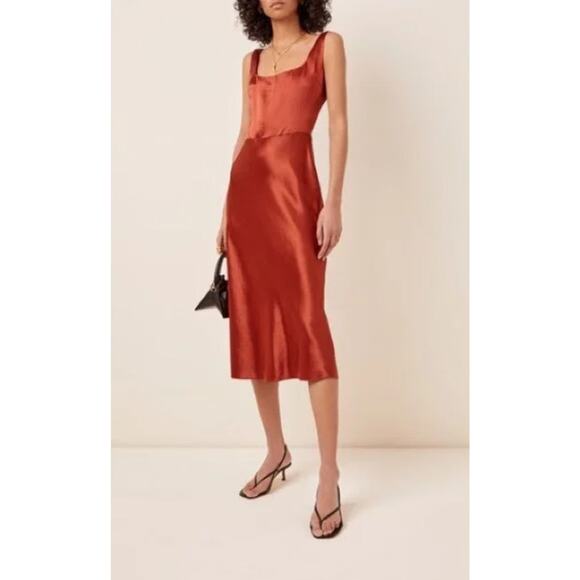 Vince Fitted Satin Midi Slip Dress US 10 Rust Burnt Orange Formal Party Glam - Picture 2 of 15